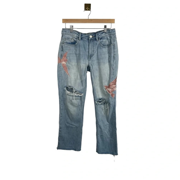 AllSaints Alana Embroidered Bird Distressed Boyfriend Jeans in Blue/Pink Size 26 - Picture 5 of 13